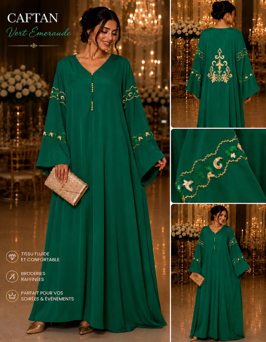 Caftant Émeraude Femme – Caftan Marocain Élégant Brodé | NadiaBenShop NADIABENSHOP