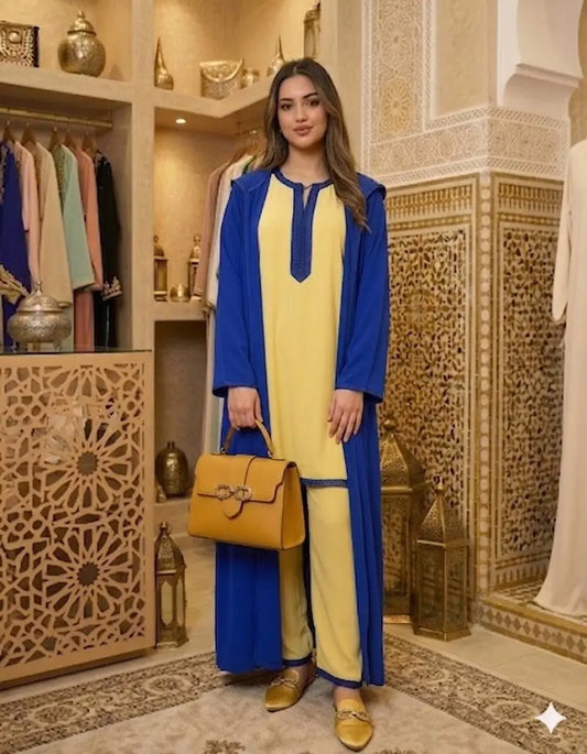 Ensemble Marocain 3 Pièces – Kimono, Haut & Pantalon Élégants NADIABENSHOP